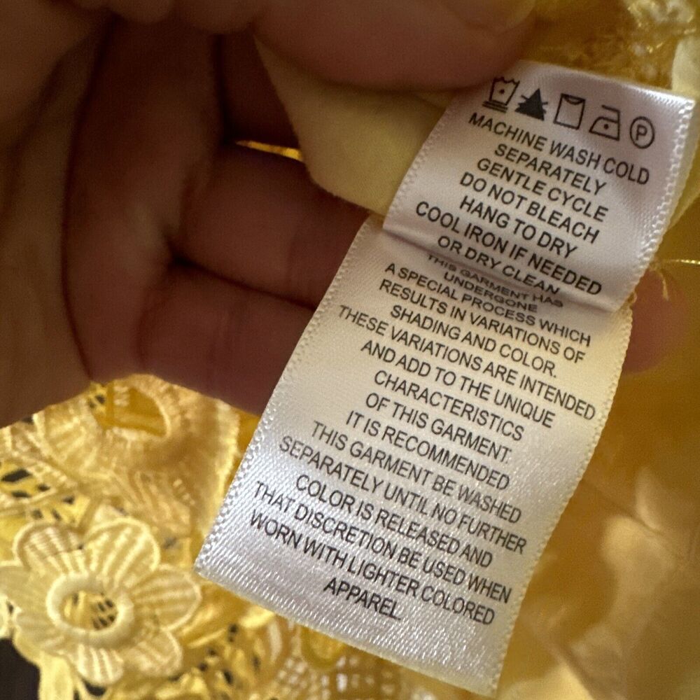 V-Neck Tunic Blouse Yellow Embroidered Crochet Trim Size L Indigo Thread Co. - Picture 12 of 12